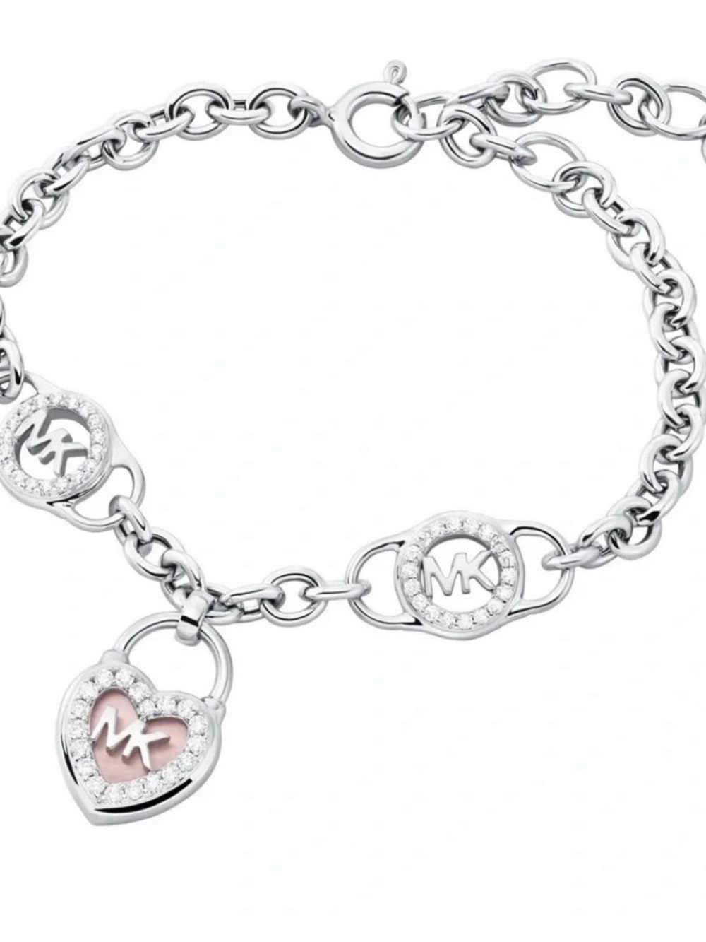 Michael Kors Silver-Tone Chain Bracelet with Pink Heart Padlock Charm
